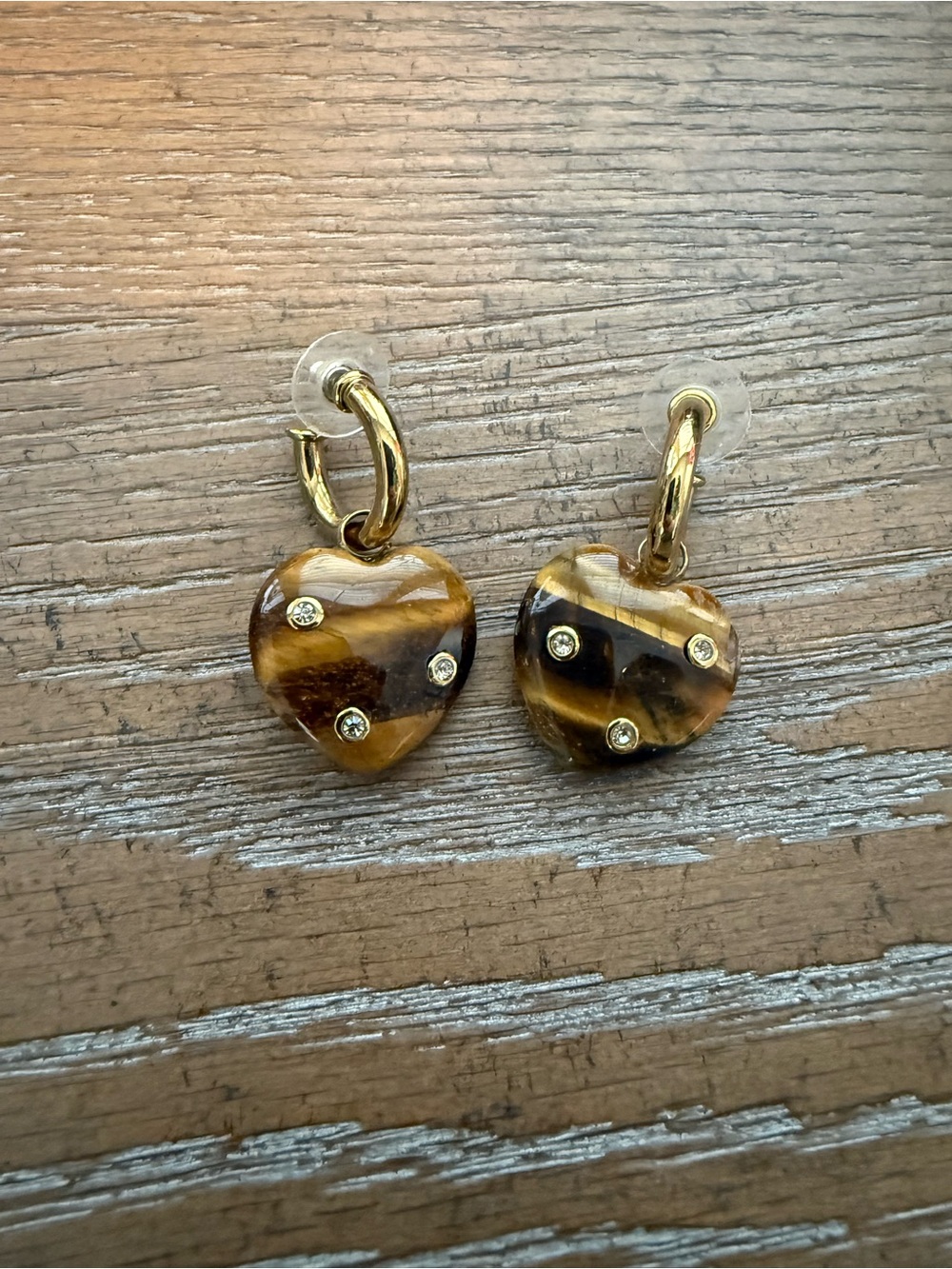 Tuckernuck Gold-Tone Tiger Eye Heart Drop Earrings with Crystals